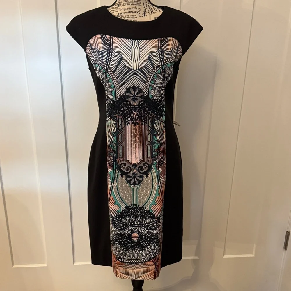 London Times Black and Multicolor Graphic Midi Dress